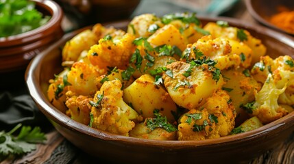 Indian dish Alu Gobi, potatoes and cauliflower stewed with Turmeric, cumin, coriander. 
