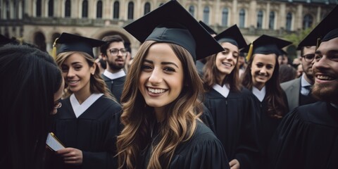Obraz premium A group of people wearing graduation caps and gowns are smiling