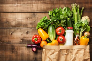 Paper grocery bag with fresh vegetables, fruits, milk and canned goods on wooden backdrop. Food delivery, shopping, donation concept. Healthy food background. Flat lay, copy space. - obrazy, fototapety, plakaty