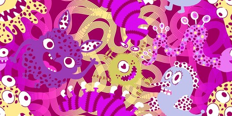 Cartoon monsters seamless emoticons aliens pattern for kids clothes print and wrapping paper and fabrics