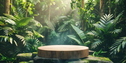 A wooden round table with a stone base in a lush green jungle