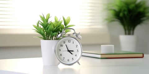 A white alarm clock sits on a table next to a potted plant