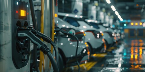 Fototapeta premium A row of electric cars are charging at a charging station