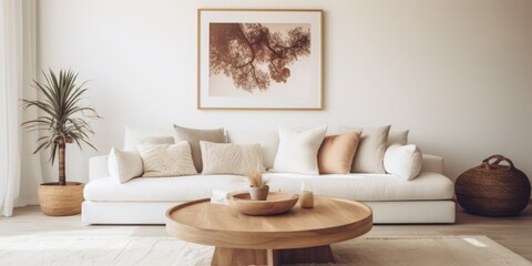 A living room with a white couch and a brown framed picture on the wall