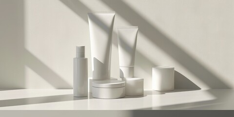 A white shelf with a row of white bottles and tubes