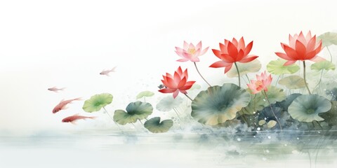 A painting of a pond with a lot of lilies and fish