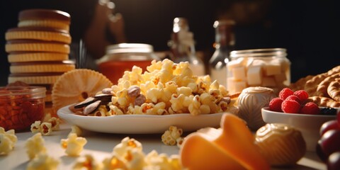 Naklejka premium A table with a white plate of popcorn and other snacks