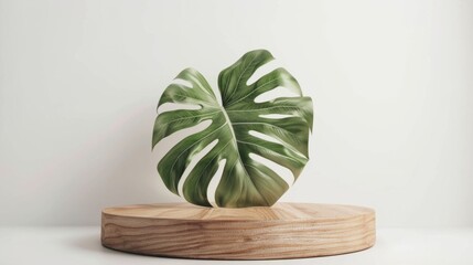 Wooden podium with monstera leaf generative ai