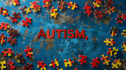 the word "AUTISM" in bold red letters, surrounded by a border of multicolored jigsaw puzzle pieces against a blue background.