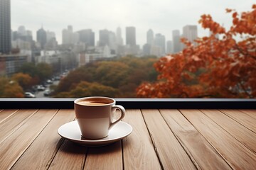 Coffee cup and autumn leaves on wooden table with city view background