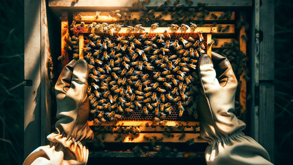  beekeeper extracts a honey-laden frame from a beehive, with bees buzzing around - obrazy, fototapety, plakaty
