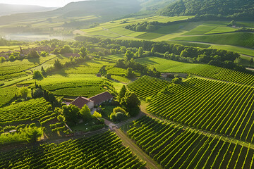 Photo of a valley of vineyards in Burgundy, France. General plan of the landscape and bird's eye...