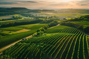 Photo of a valley of vineyards in Burgundy, France. General plan of the landscape and bird's eye view - Powered by Adobe