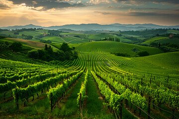 Naklejka premium Landscape photography of a vineyard valley in Burgundy, France. Focus on the entire frame.
