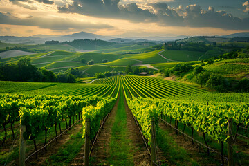  Landscape photography of a vineyard valley in Burgundy, France. Focus on the entire frame.