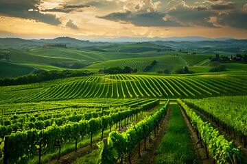  Landscape photography of a vineyard valley in Burgundy, France. Focus on the entire frame.
