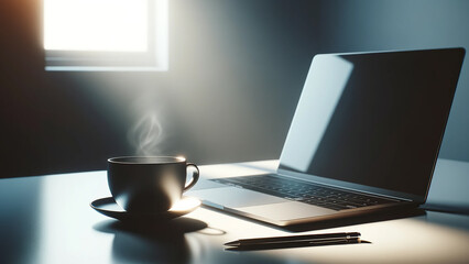 modern workspace setting featuring a cup of hot coffee next to a laptop on a clean