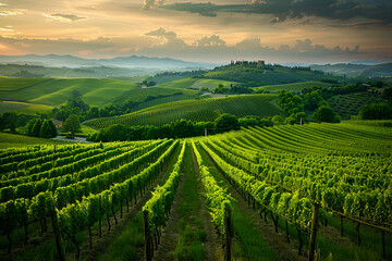 Landscape photography of a vineyard valley in Burgundy, France. Focus on the entire frame.