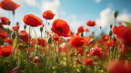 Captivating Nature's Ballet: Vibrant Red Poppies Swaying Gracefully in the Gentle Breeze, A Mesmerizing Symphony of Movement and Color - obrazy, fototapety, plakaty