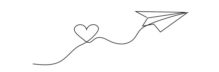 One image of a love sign in a continuous shape with flying paper airplanes. Thin contour and romantic symbols for greeting cards and web banners in simple linear style. vector