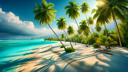 palm beaches and hidden sandy retreats on tropical islands, presenting an image of serene - obrazy, fototapety, plakaty