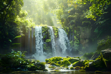 Fototapeta na wymiar Spellbinding Display of a Verdant Forest and Cascading Waterfall Bathed in Scattered Sunlight