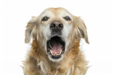 Close-up of a Golden Retriever panting, 11  years old, isolated on white