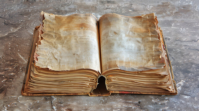 an open, aged book with yellowed pages. The book lies flat, revealing two blank pages.