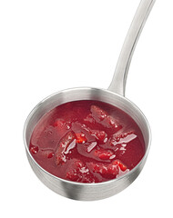 Traditional borscht in ladle, beetroot soup borsch isolated on white background, full depth of field