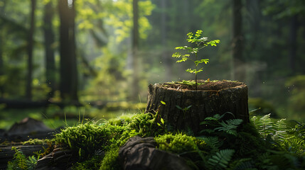 a young tree emerging from the heart of an ancient tree stump. The scene unfolds in a dimly lit forest
