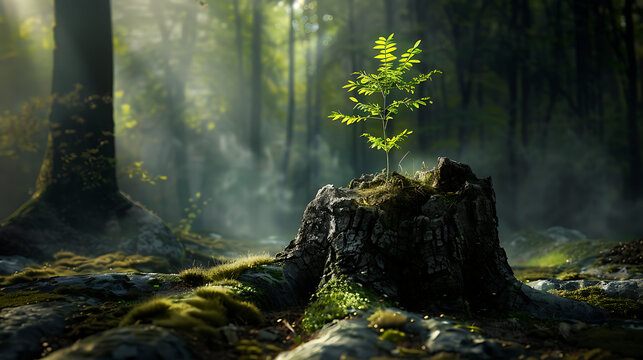 a young tree emerging from the heart of an ancient tree stump. The scene unfolds in a dimly lit forest