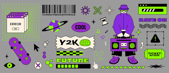 Vector illustration. Retro stickers set.  Nostalgia for 1990s -2000s (Y2K). Old computer aestethic elements. Isolated gray background. Text: Rave on, Future