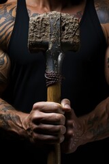 A man with tattoos is holding a large hammer with both hands.