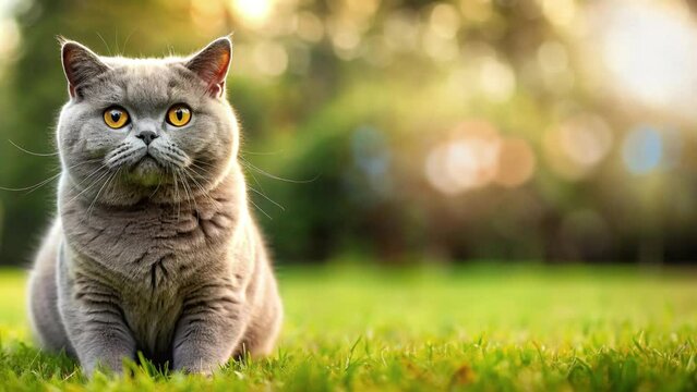 British shorthair cat sitting on the grass and looking at the camera with empty space on the right side