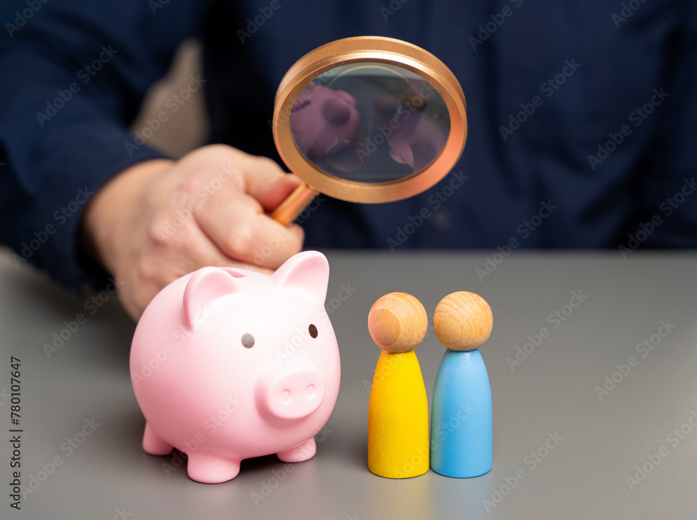 Wall mural A man holds a piggy bank in his hands near people of Ukrainian nationality. Budget of Ukraine and assistance to residents. Providing money, paying salaries and grants. Compensation payments.