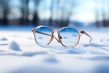 Glasses in the snow on a background of winter forest and blue sky - obrazy, fototapety, plakaty