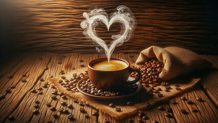 serene scene featuring a cup of coffee with heart-shaped smoke rising above