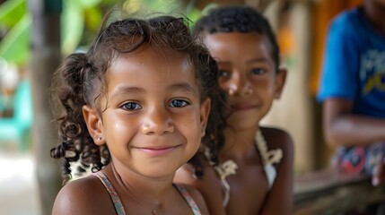 children of belize, A smiling young girl with curly hair in focus, with a boy softly blurred in the background, exuding joy and innocence in a natural setting.  - obrazy, fototapety, plakaty