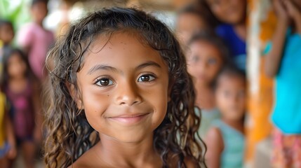 Children of Belize. A portrait of a young girl with a beautiful smile, her curly hair slightly wet, with other children blurred in the background, capturing a moment of innocent joy. 