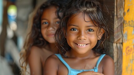 children of belize, Two young girls smiling at the camera with a natural and candid expression in a rustic setting. 