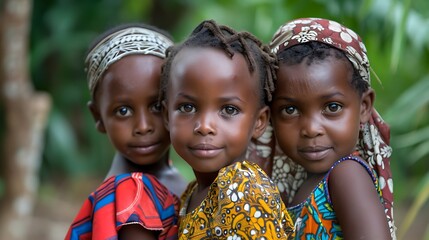 children of comoros, Three smiling children wearing colorful traditional headscarves sitting together outdoors, evoking a sense of friendship and cultural diversity. 