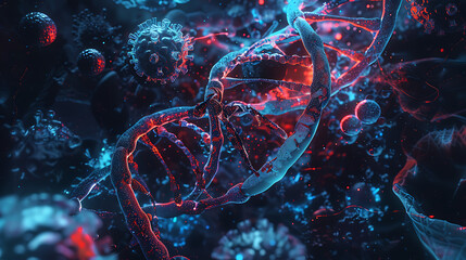 a vivid and futuristic representation of a DNA strand surrounded by cellular structures.