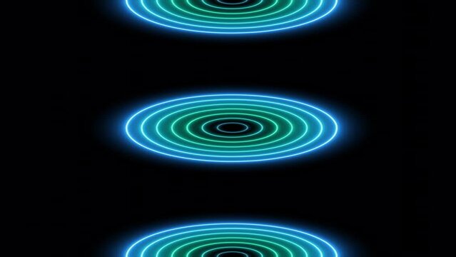 Vertical Colorful Glowing Neon Circles Pattern Abstract Motion Background 4K Video Animation Design Shining Dance Floor Led Light Circles or Rings Animation Isolated on Black Background Frame template