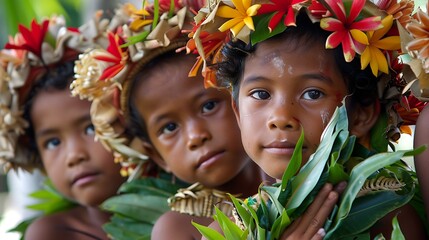 children of east timor, Three children wearing colorful floral wreaths pose candidly in a natural setting, exuding innocence and cultural beauty. 