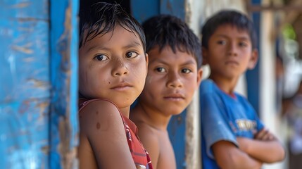 children of el salvador, Three curious children leaning against a blue wooden structure with a gaze towards the camera. 