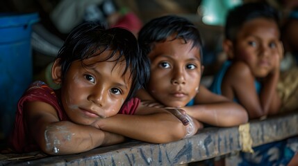 children of el salvador, Three children resting their chins on a wooden surface, looking curiously at the camera in a candid environment. 