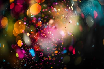 Obraz na płótnie Canvas Close-up of multi coloured confetti flying mid-air against black background.