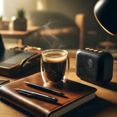 Produktiver Morgen – Kaffee, Technik und Planung am Arbeitsplatz - obrazy, fototapety, plakaty