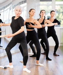 Sporty motivated senior woman participating in barre fitness session with mixed age female group in modern studio, performing graceful demi plie exercise to improve flexibility and strengthen muscles - obrazy, fototapety, plakaty