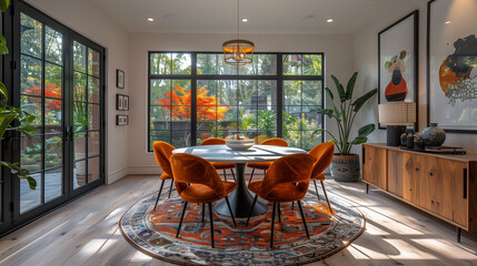 Modern dining area with marble table and mid-century chairs upholstered in bohemian prints-1